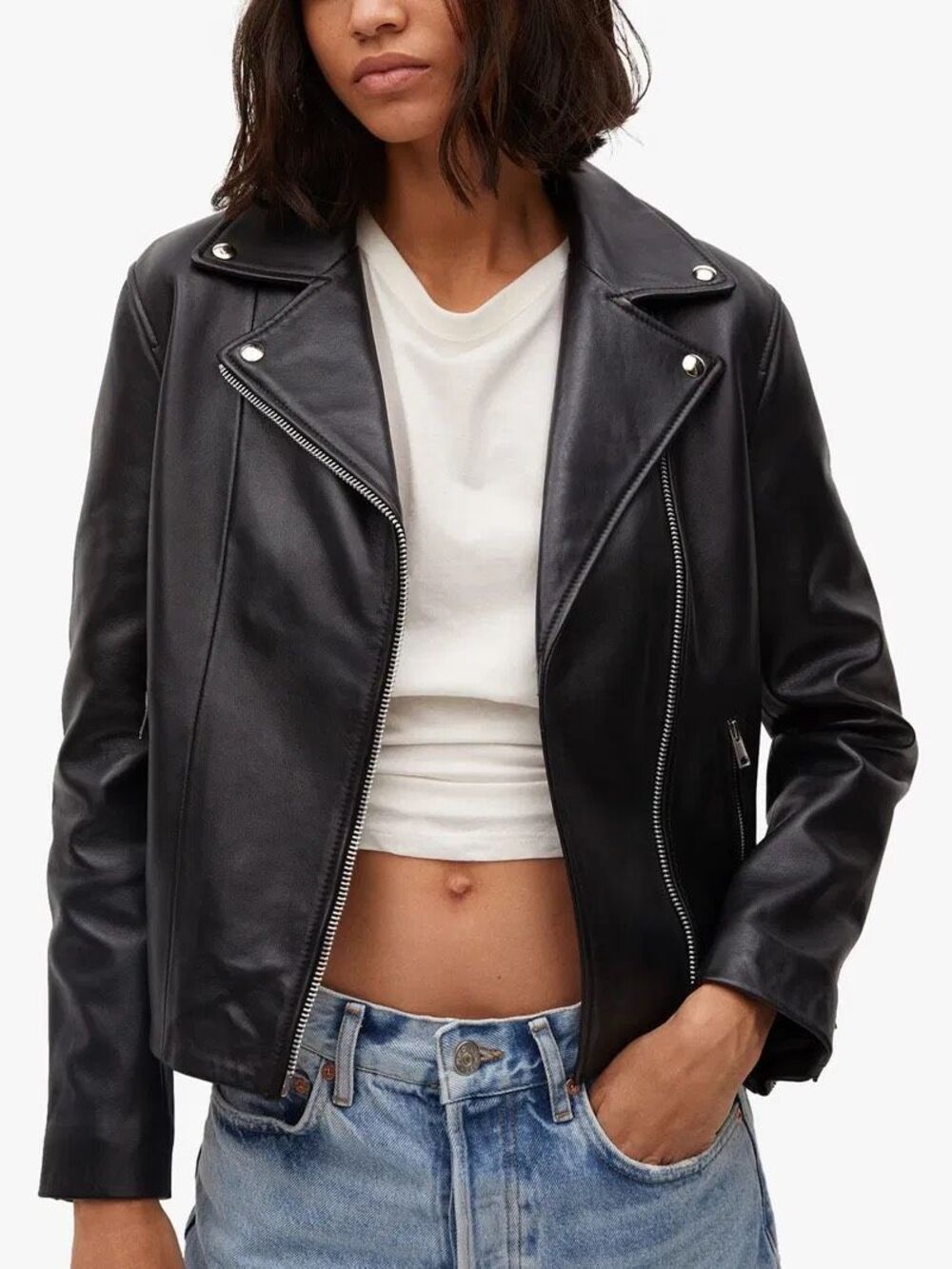MANGO $249 Committed Leather Biker Moto Jacket Sheep Leather Black Womens M NWT